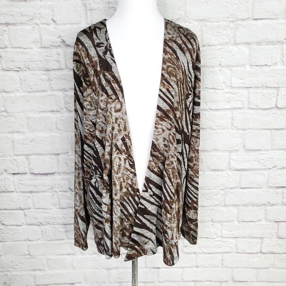 Chico's Easywear Sz 3 Brown Gray Shimmery Animal Print Jacket Chicos XL 16 - Picture 1 of 14